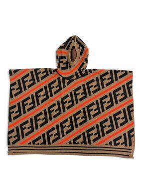 Fendi Cotton FF Logo Zucca Pattern Hooded Knit Poncho Brown Black 2 Kids